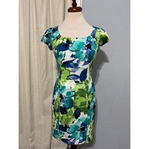 iZ Byer‎ California Green Blue Floral Watercolor Sheath Cotton  Dress Cap Size 9